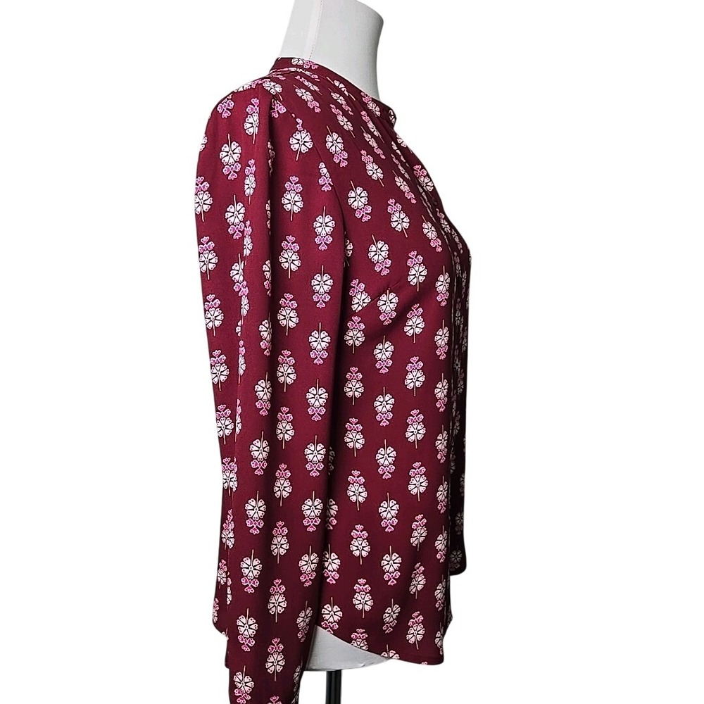 Nautica Burgundy Floral‎ Button Front High Neck Long Sleeve Blouse Top Small S - Picture 3 of 7